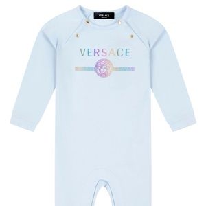 Versace Baby Long Sleeve Onesie Baby Blue and multicolor logo with gold 6-9 m